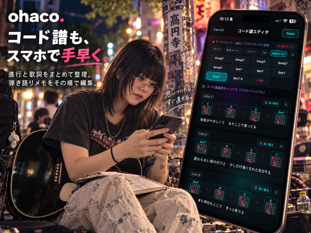 オリジナル曲のコード譜エディタと路上ライブのビジュアル