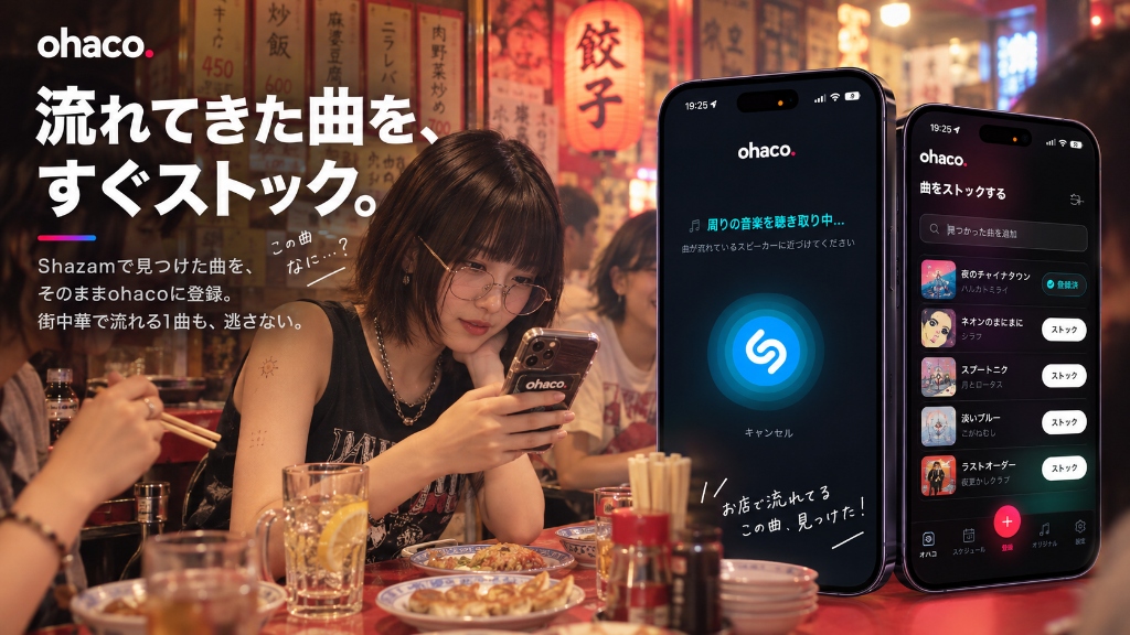 Shazamによる音楽聴き取り認識と楽曲ストック画面のビジュアル